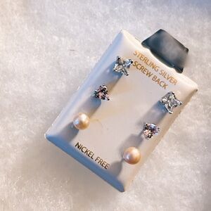 Set of 3 sterling silver earrings (white, pink, and pearl)